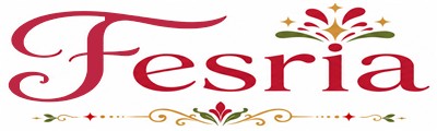 Fesria logo featuring an elegant festive wordmark with a decorative celebration icon in red, gold, and green.